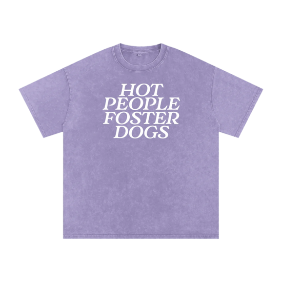 Purple t-shirt with 'HOT PEOPLE FOSTER DOGS' text on a white background