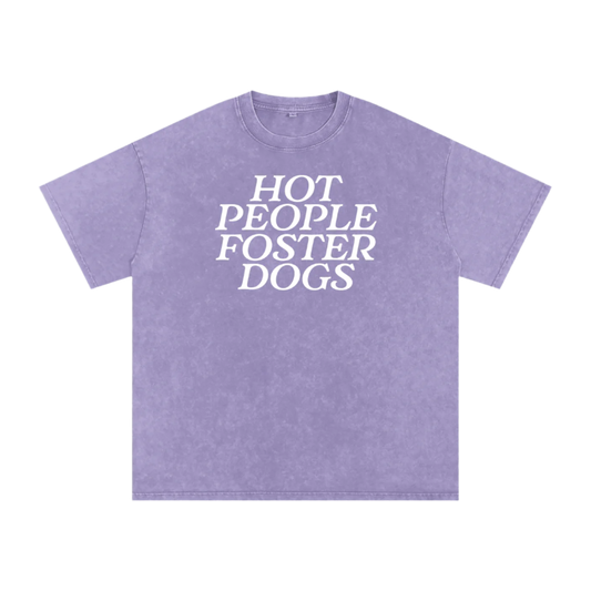Purple t-shirt with 'HOT PEOPLE FOSTER DOGS' text on a white background