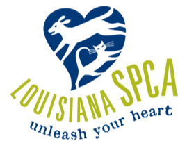 Louisiana SPCA logo with a heart-shaped design featuring a dog and cat, and text 'Louisiana SPCA unleash your heart' on a white background.