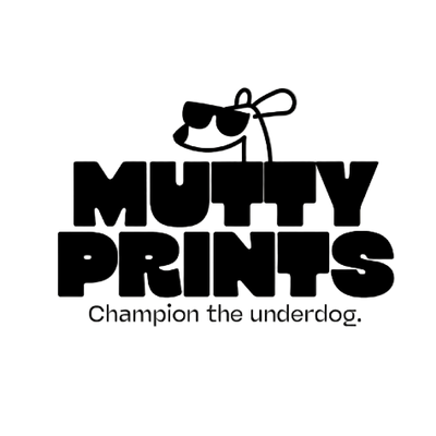 Black 'Mufty Prints' logo with a dog icon on a white background