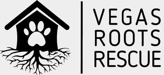Logo of Vegas Roots Rescue with a dog house and paw print.