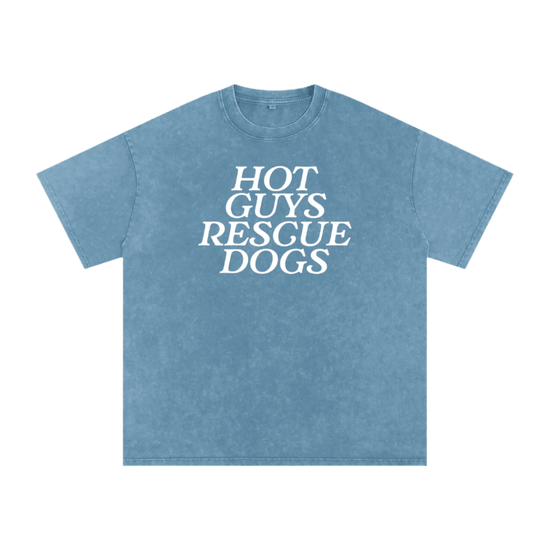 Blue t-shirt with 'HOT GUYS RESCUE DOGS' text on a white background