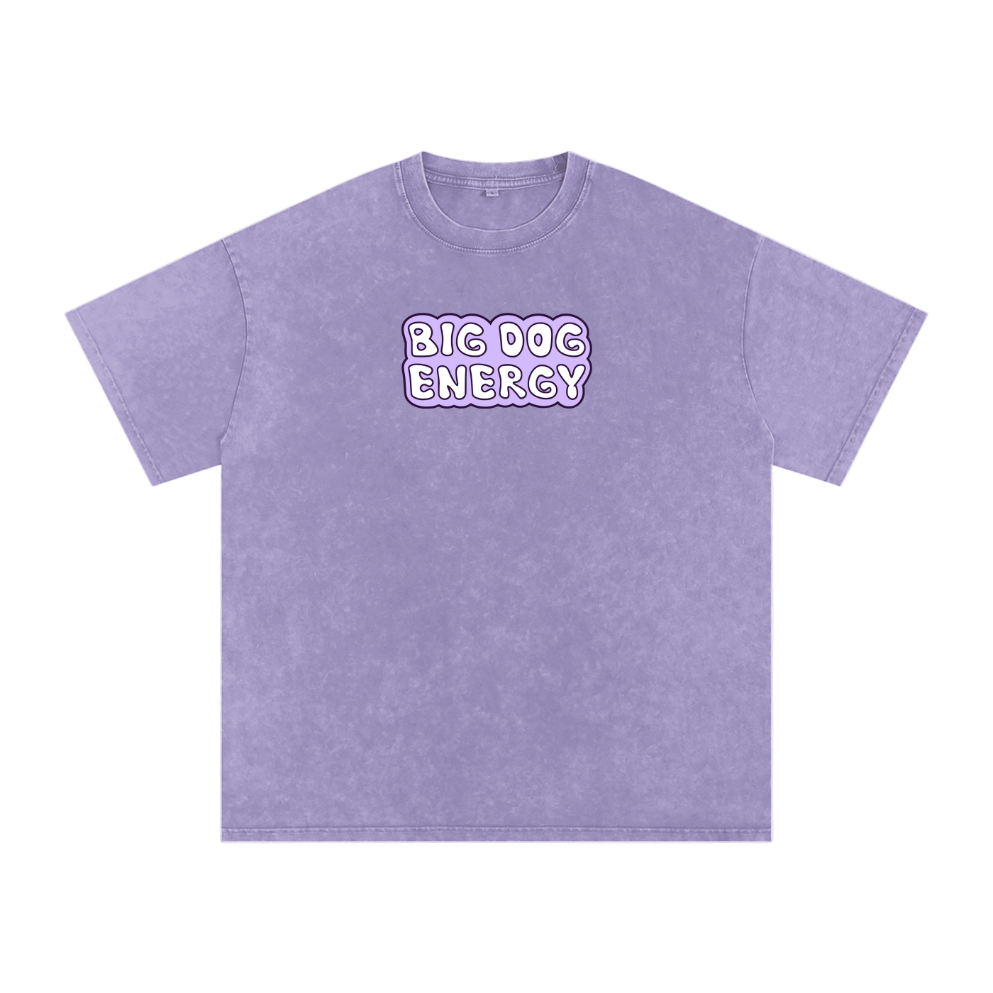 Purple t-shirt with 'BIG DOG ENERGY' text on a black background