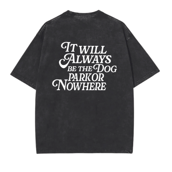 Black t-shirt with white text on the back on a white background