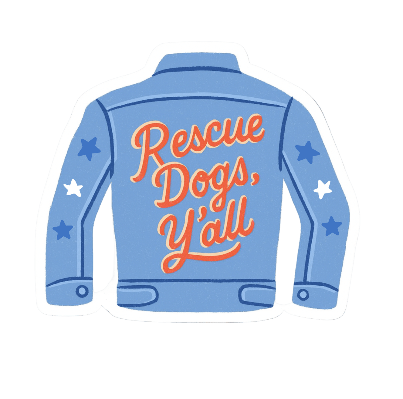 Blue jacket with 'Rescue Dogs, Y'all' text on a simple background