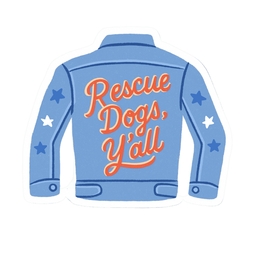 Blue jacket with 'Rescue Dogs, Y'all' text on a simple background