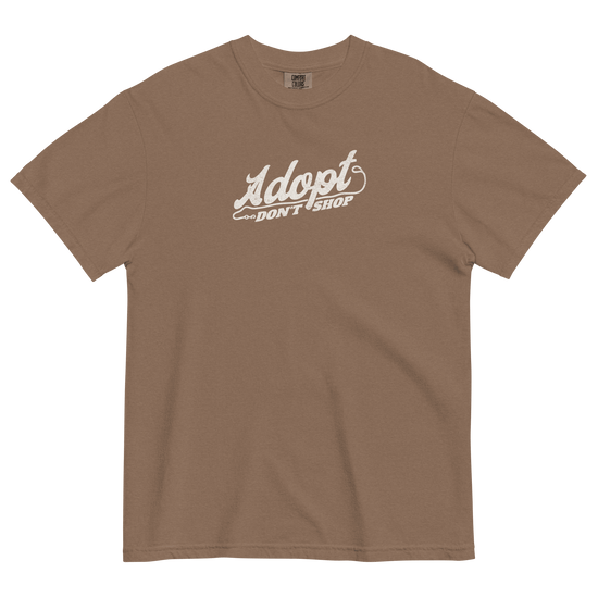 Brown t-shirt with 'Adopt Don't Shop' text on a black background