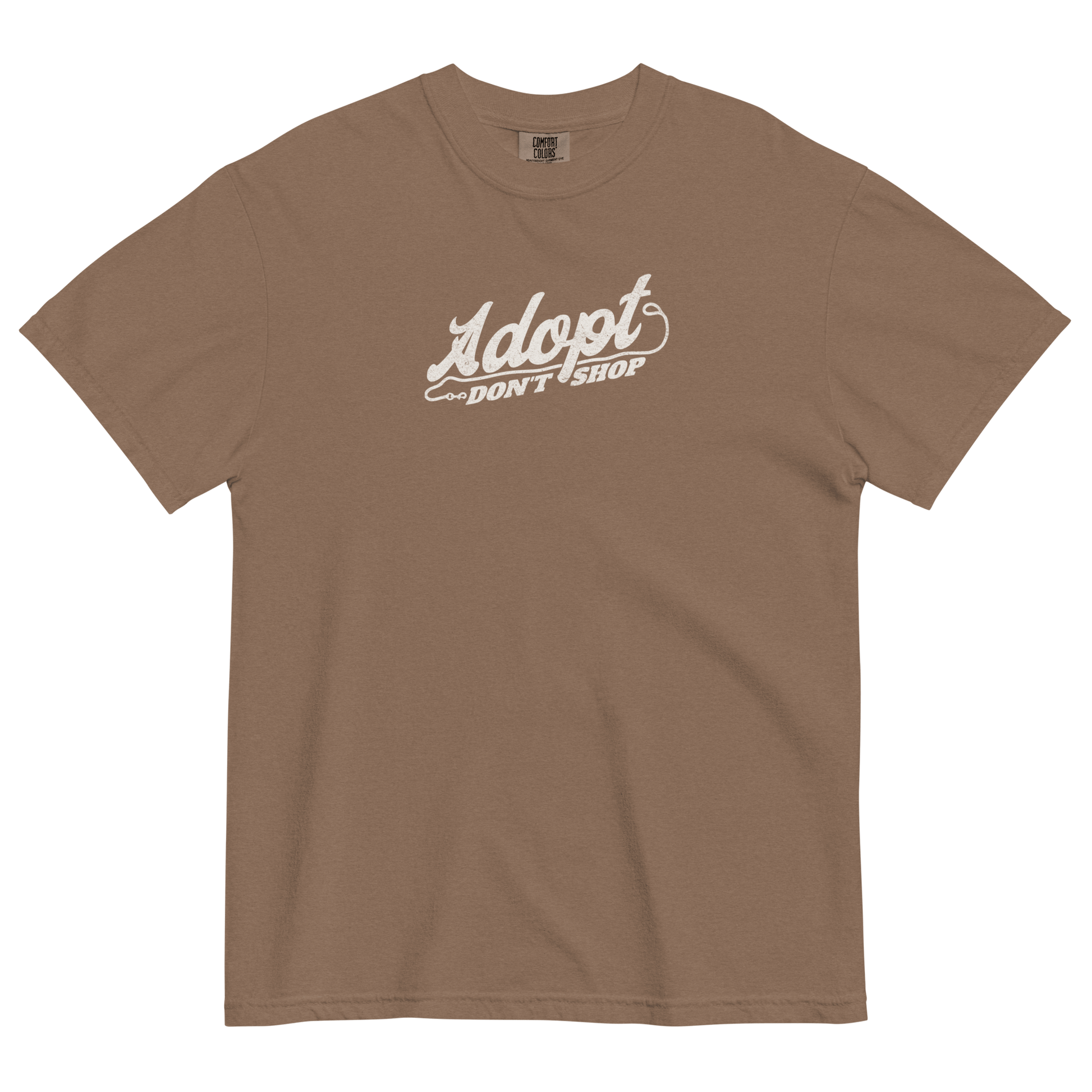 Brown t-shirt with 'Adopt Don't Shop' text on a black background