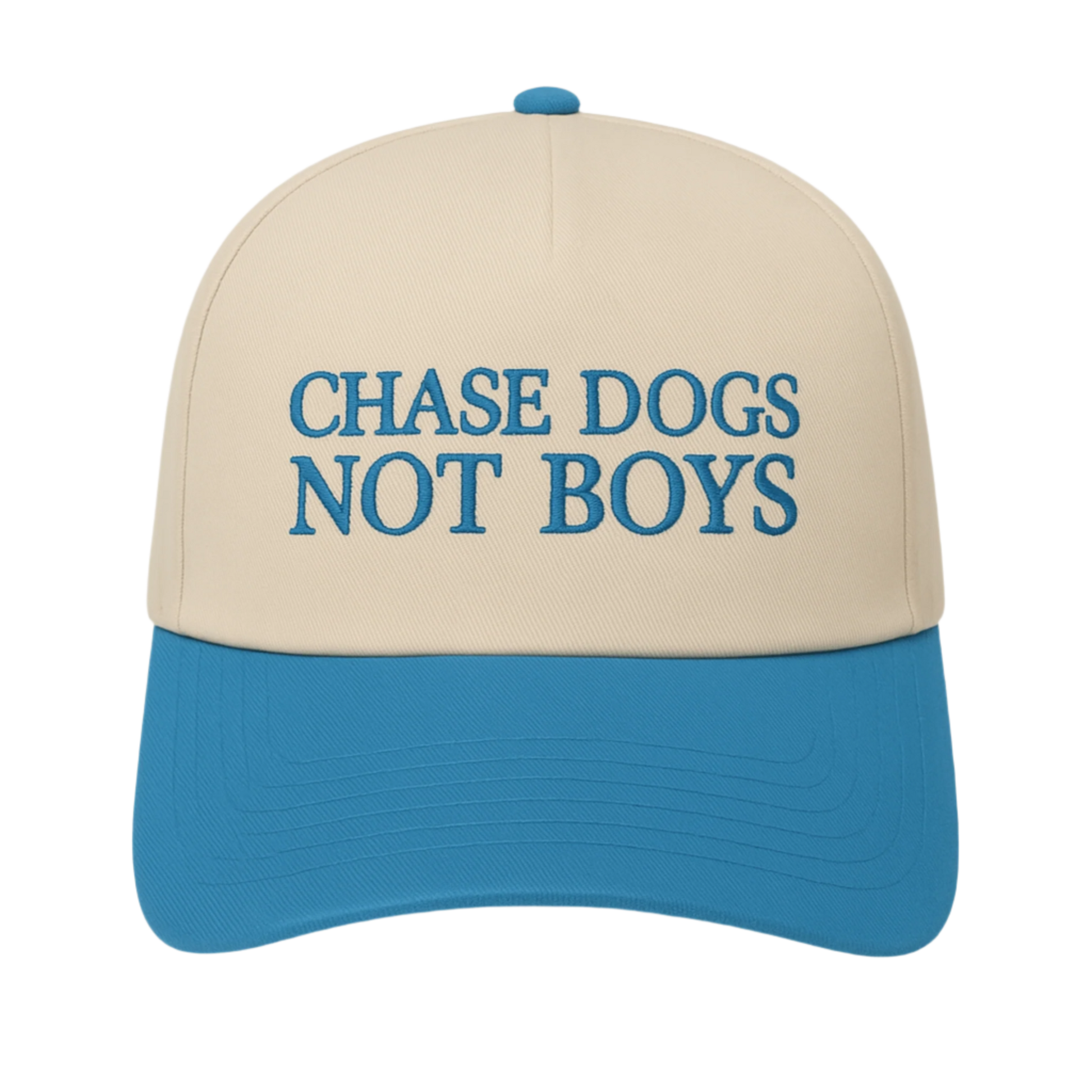 Beige and blue cap with 'CHASE DOGS NOT BOYS' text on a white background