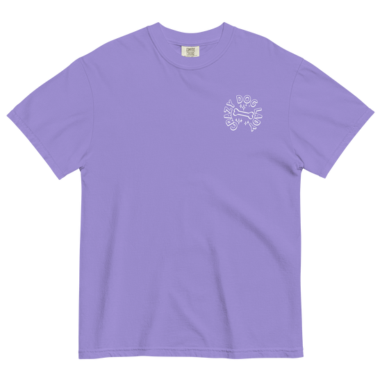 Purple t-shirt with a white graphic on a white background