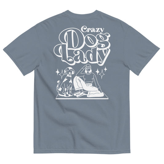 Gray t-shirt with 'Crazy Dog Lady' graphic design on a white background