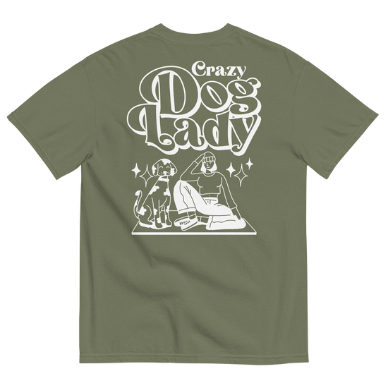Green t-shirt with 'Crazy Dog Lady' graphic design on a white background