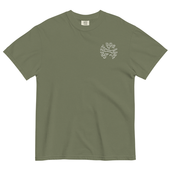Green t-shirt with a white graphic on a white background