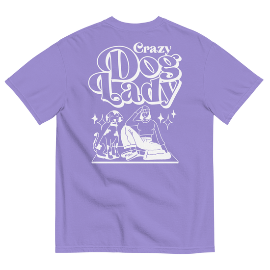 Purple t-shirt with white graphic and text 'Crazy Dog Lady' on a white background