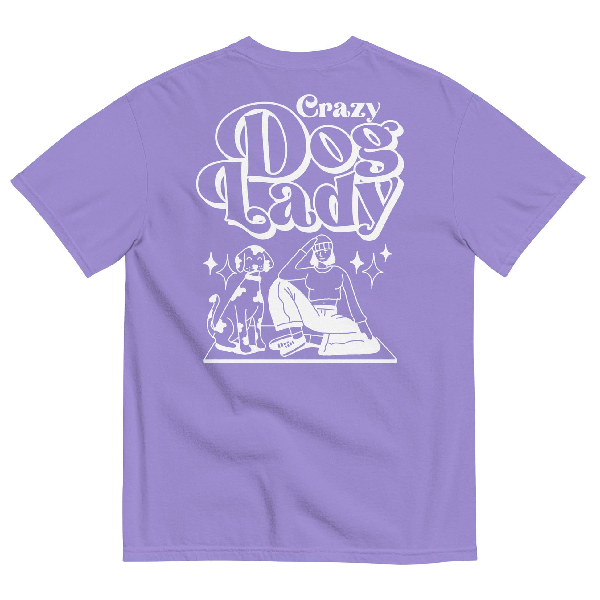 Purple t-shirt with white graphic and text 'Crazy Dog Lady' on a white background