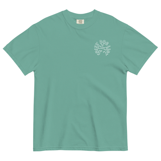 Teal t-shirt with a white graphic on a black background