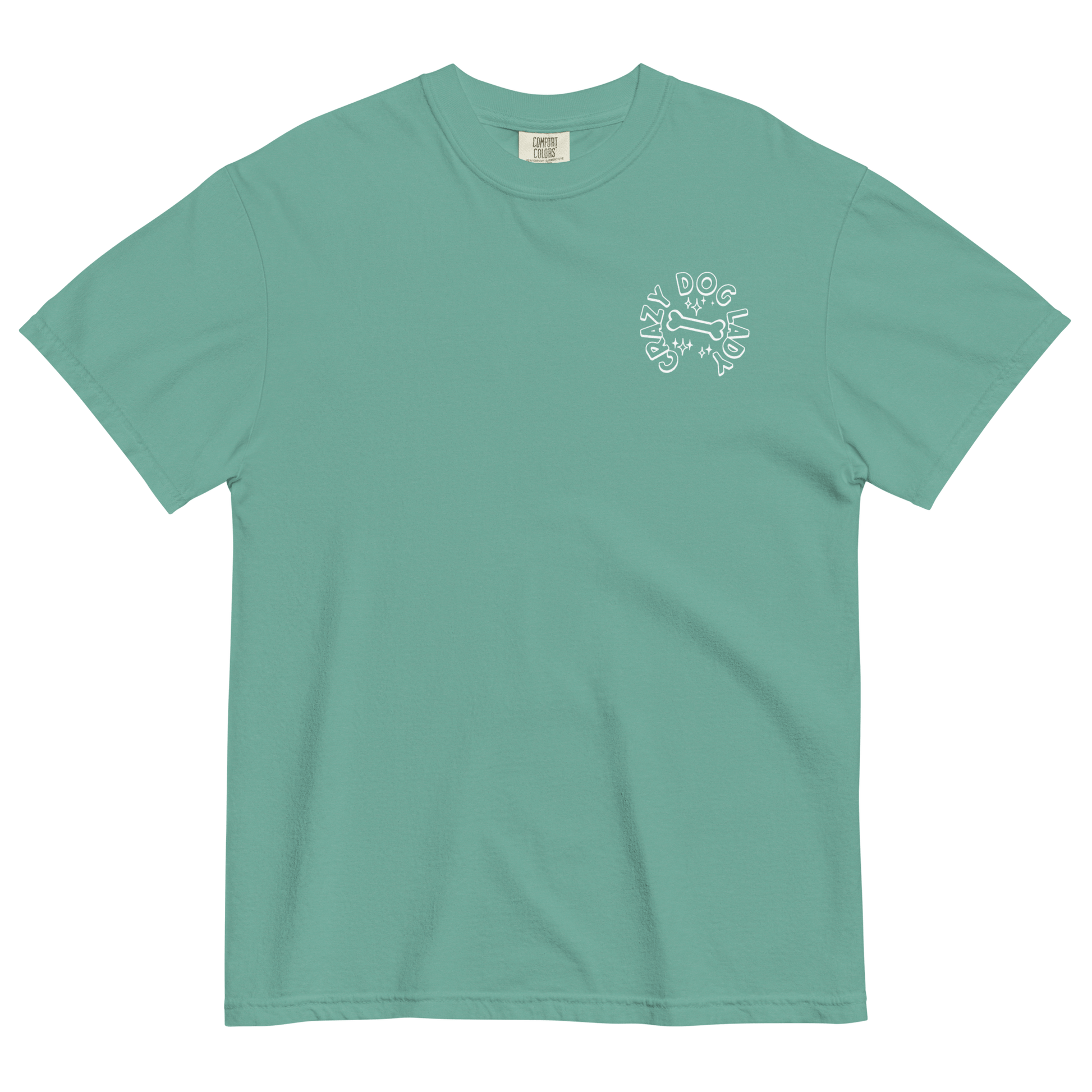 Teal t-shirt with a white graphic on a black background