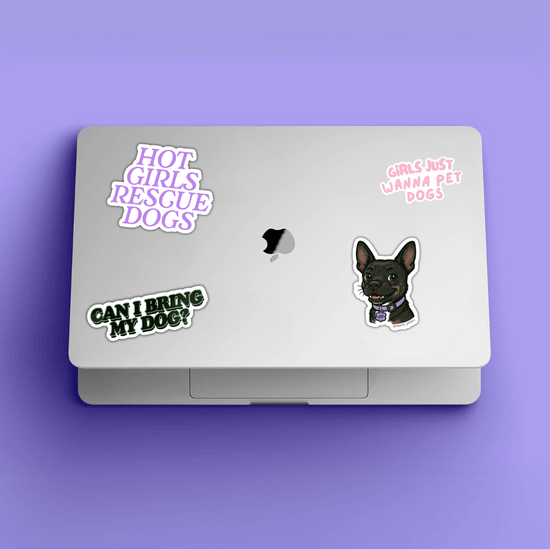 Girls Just Wanna Pet Dogs Laptop Stickers on a purple background