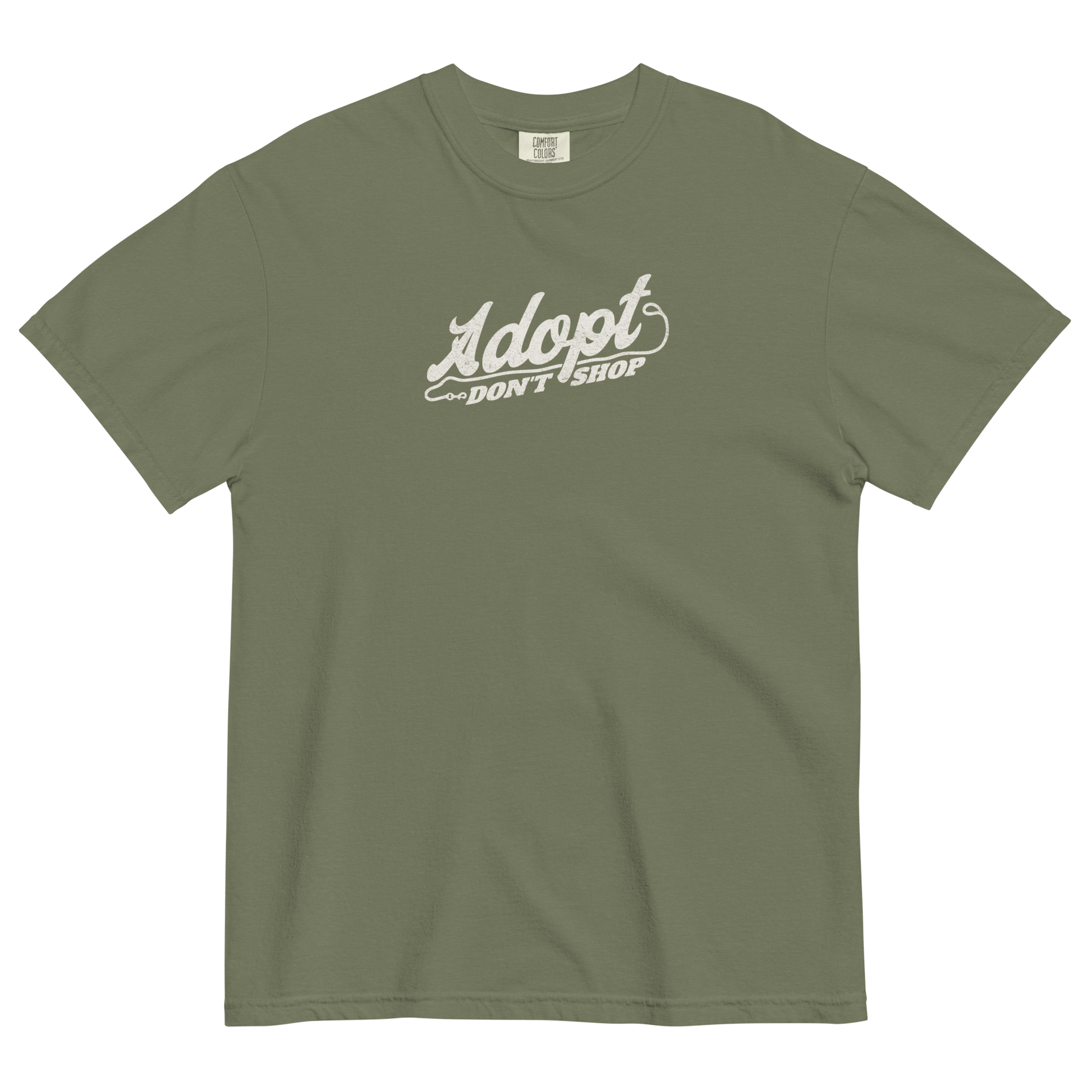 Green t-shirt with 'Adopt Don't Shop' text on a black background