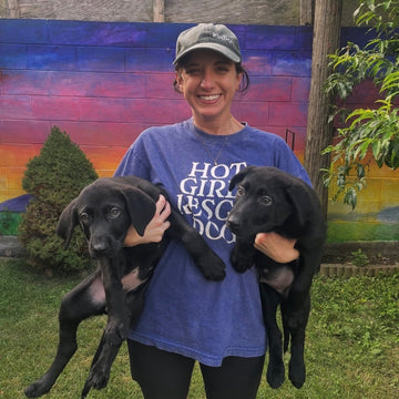 A girl wearing a Hot Girl Rescue Dogs Blue Tee and holding two black puppies in front of a colorful mural.
