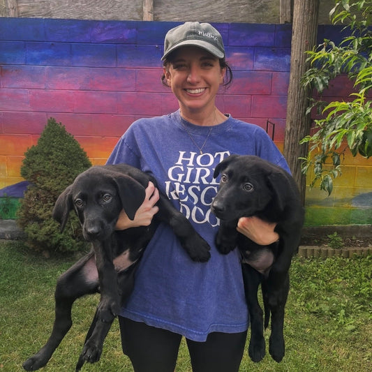 A girl wearing a Hot Girl Rescue Dogs Blue Tee and holding two black puppies in front of a colorful mural.
