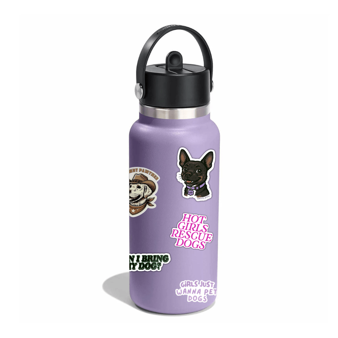 Purple water bottle with dog-themed graphics and text on a white background