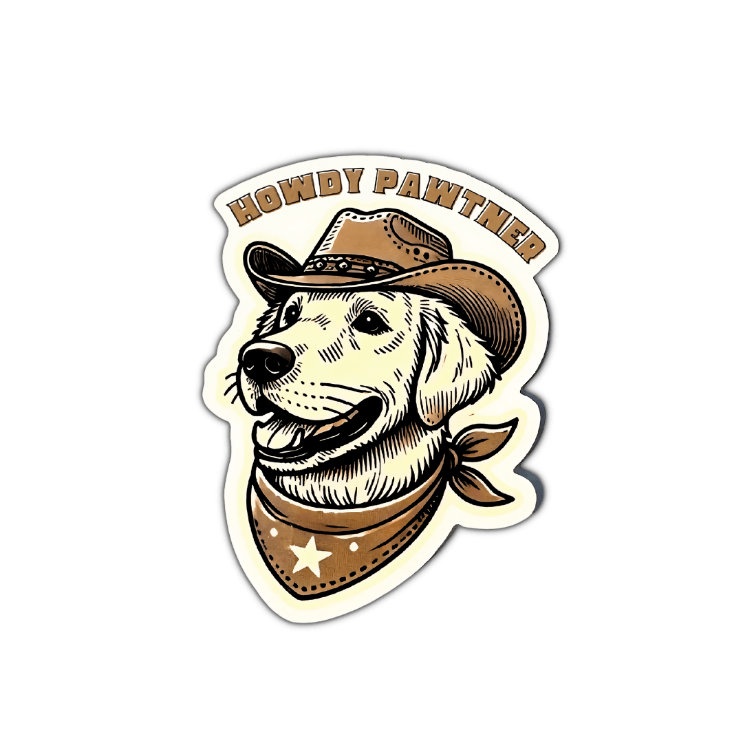 Sticker of a dog wearing a cowboy hat and bandana with 'Howdy Pawther' text on a white background