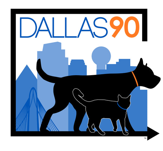 Logo with silhouette of a dog and cat, city skyline, and 'DALLAS 90' text.