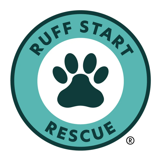 Logo of Ruff Start Rescue with a paw print and teal circle on a white background