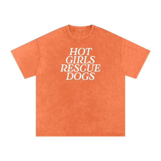 Orange t-shirt with 'HOT GIRLS RESCUE DOGS' text on a white background