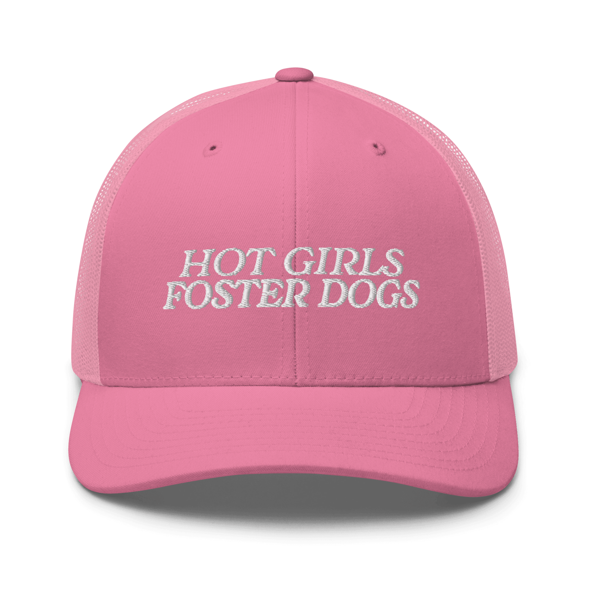 Pink cap with 'HOT GIRLS FOSTER DOGS' text on a white background