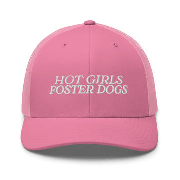 Pink cap with 'HOT GIRLS FOSTER DOGS' text on a white background