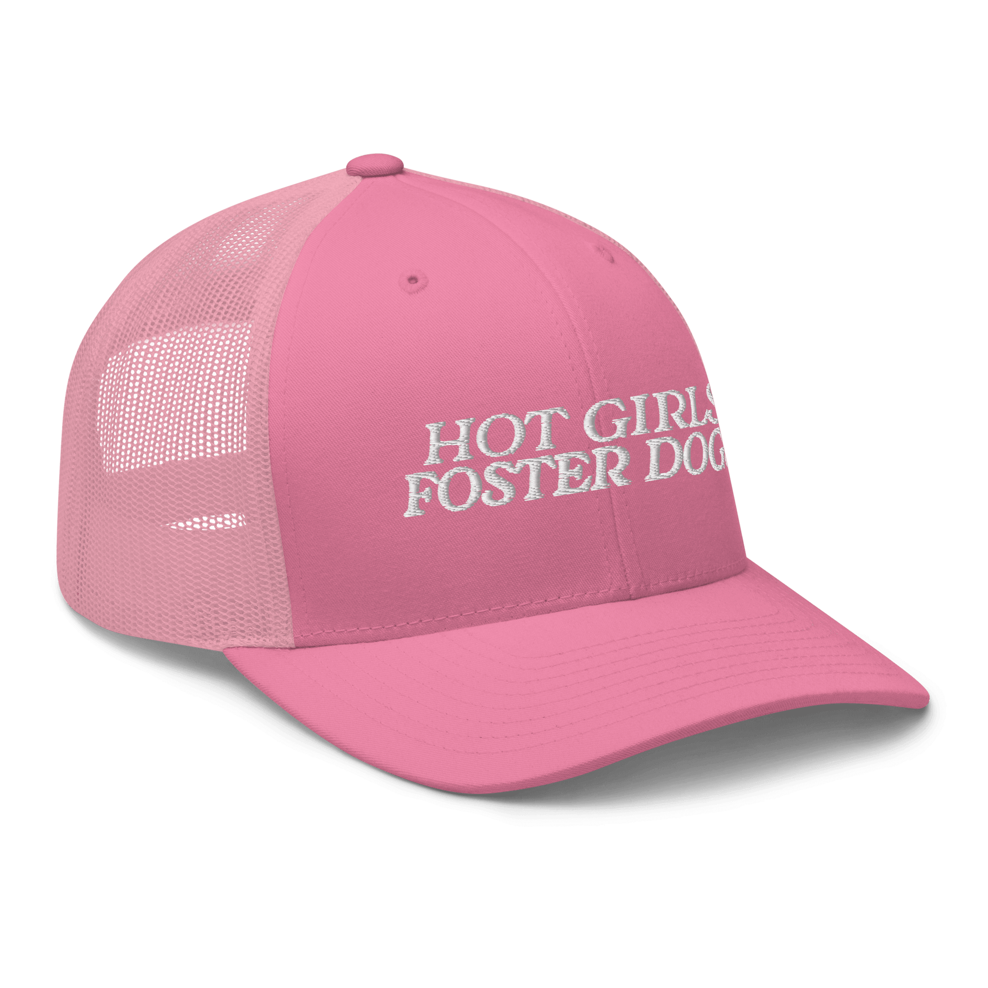 Pink cap with 'HOT GIRLS FOSTER DOGS' text on a black background
