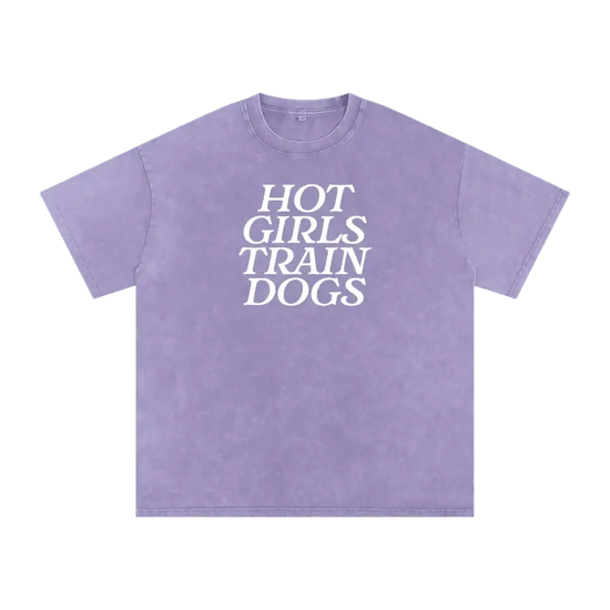 Purple t-shirt with 'HOT GIRLS TRAIN DOGS' text on a white background