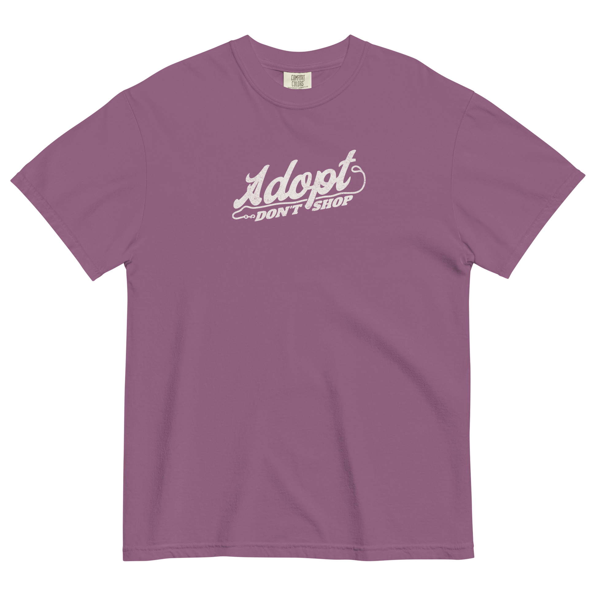 Purple t-shirt with 'Adopt Don't Shop' text on a black background