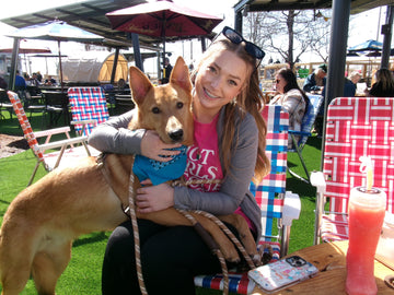Woman holding a dog with a colorful chair and umbrella in the background