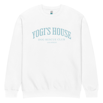 White sweatshirt with 'Yogi's House Dog Rescue Club' text on a green background