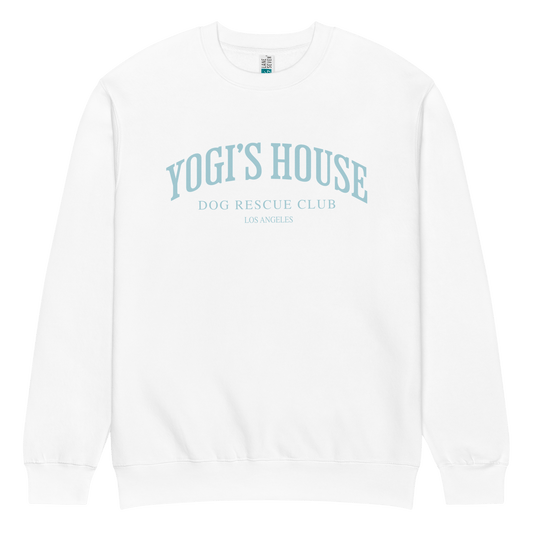 White sweatshirt with 'Yogi's House Dog Rescue Club' text on a green background