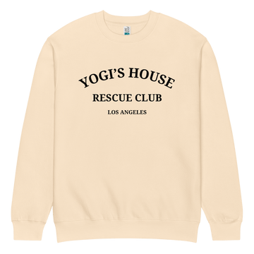 Beige sweatshirt with 'Yogi's House Rescue Club Los Angeles' text on a green background