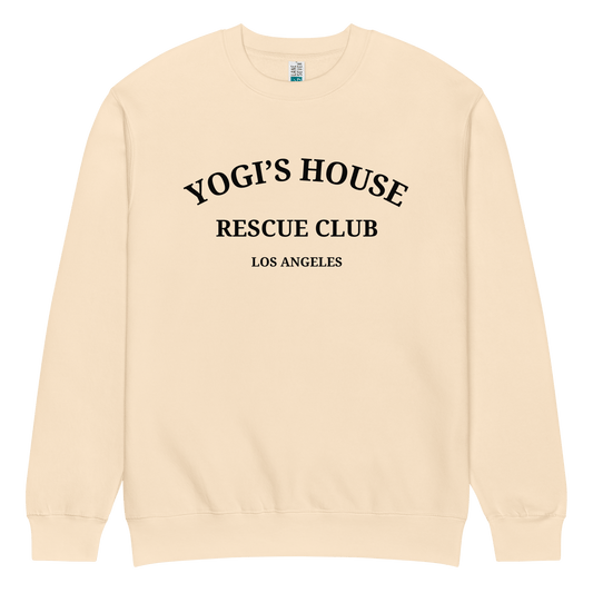 Beige sweatshirt with 'Yogi's House Rescue Club Los Angeles' text on a green background