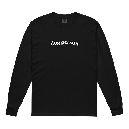 Black long-sleeve shirt with 'dog person' text on a white background - Mutty Prints