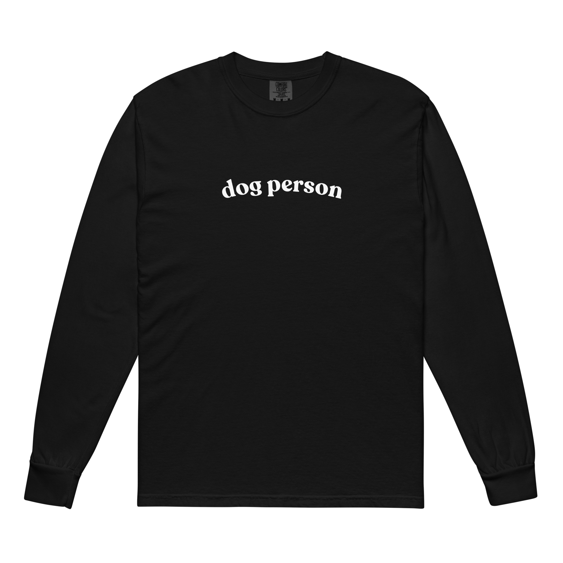 Black long-sleeve shirt with 'dog person' text on a white background - Mutty Prints
