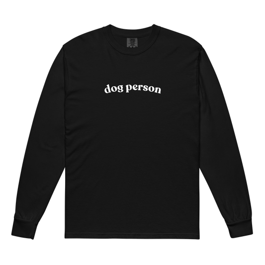 Black long-sleeve shirt with 'dog person' text on a white background - Mutty Prints