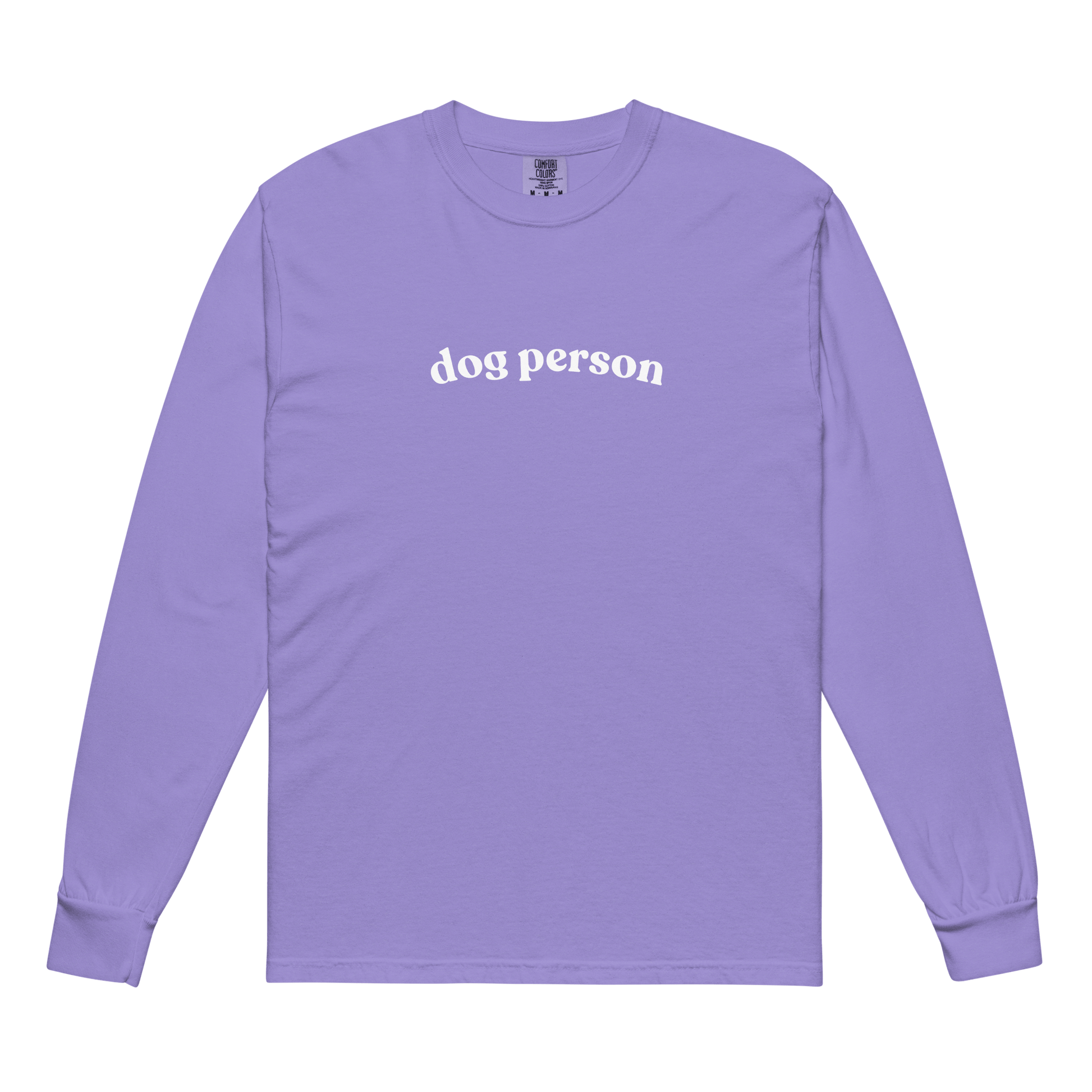 Purple long-sleeve shirt with 'dog person' text on a green background