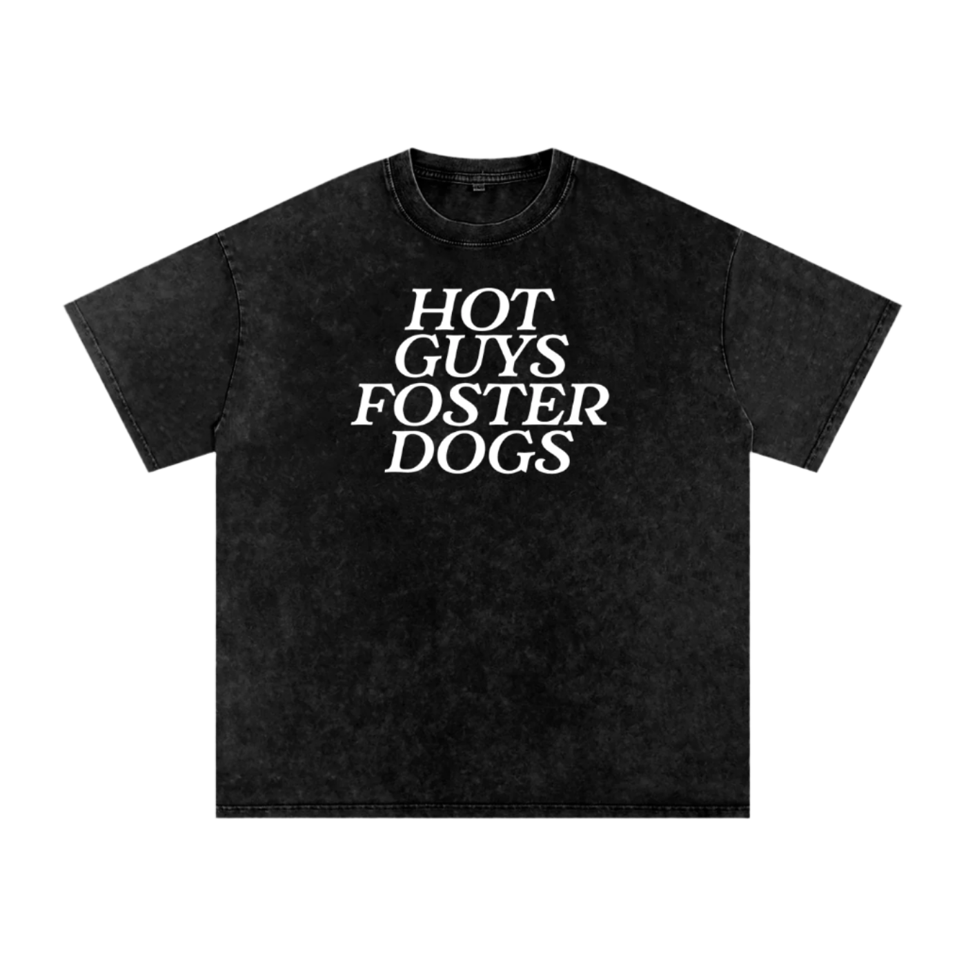 Black t-shirt with 'HOT GUYS FOSTER DOGS' text on a white background