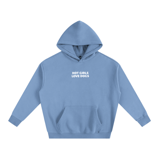 Blue hoodie with 'HOT GIRLS LOVE DOGS' text on a green background