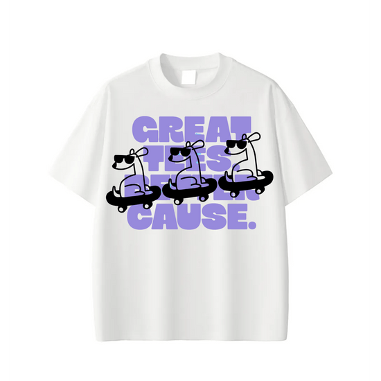 White t-shirt with graphic design and text on a white background