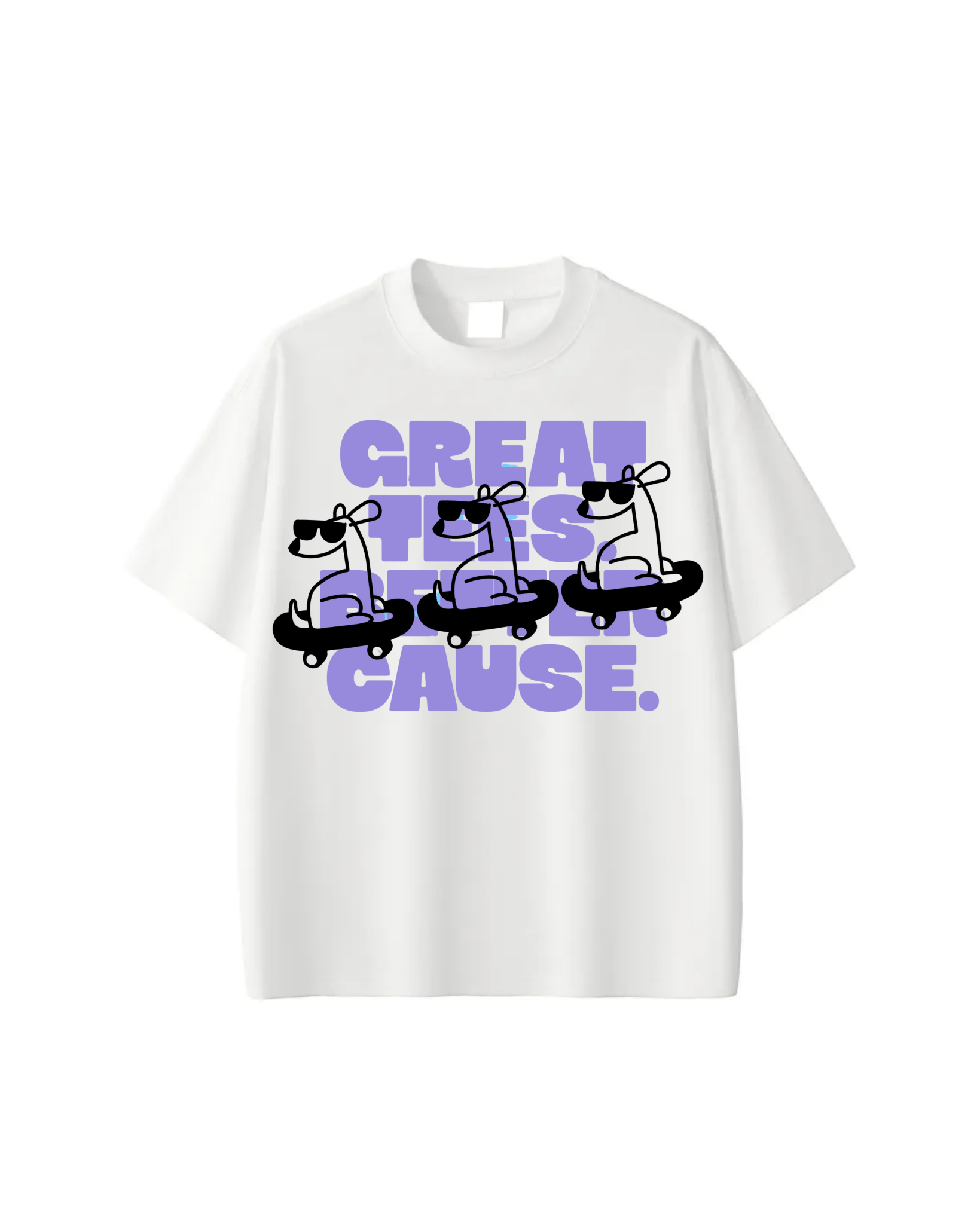 White t-shirt with graphic design and text on a white background