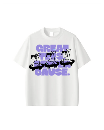 White t-shirt with graphic design and text on a white background