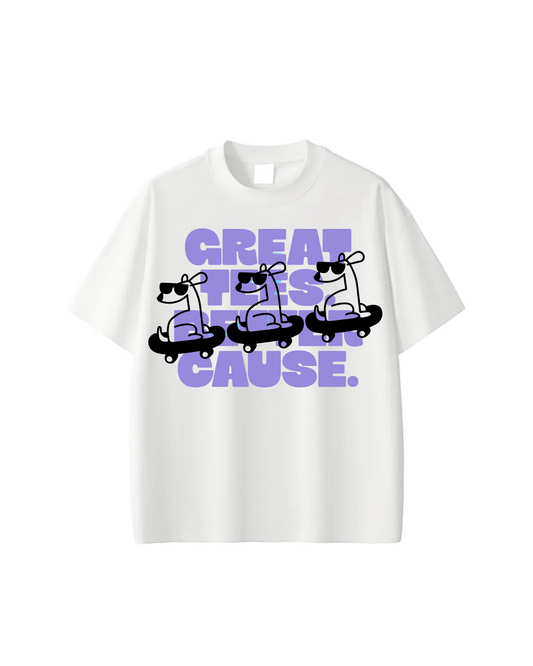 White t-shirt with graphic design and text on a white background